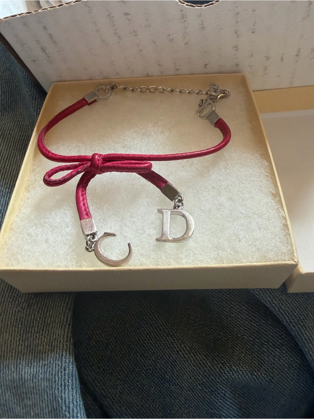 Dior Pink Leather Bow Bracelet with Silver C & D Charms
